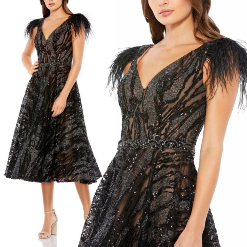 Mac‎ Duggal 79339 Womens Size 18 Black Feather Cap Sleeve Midi Formal Dress NWT